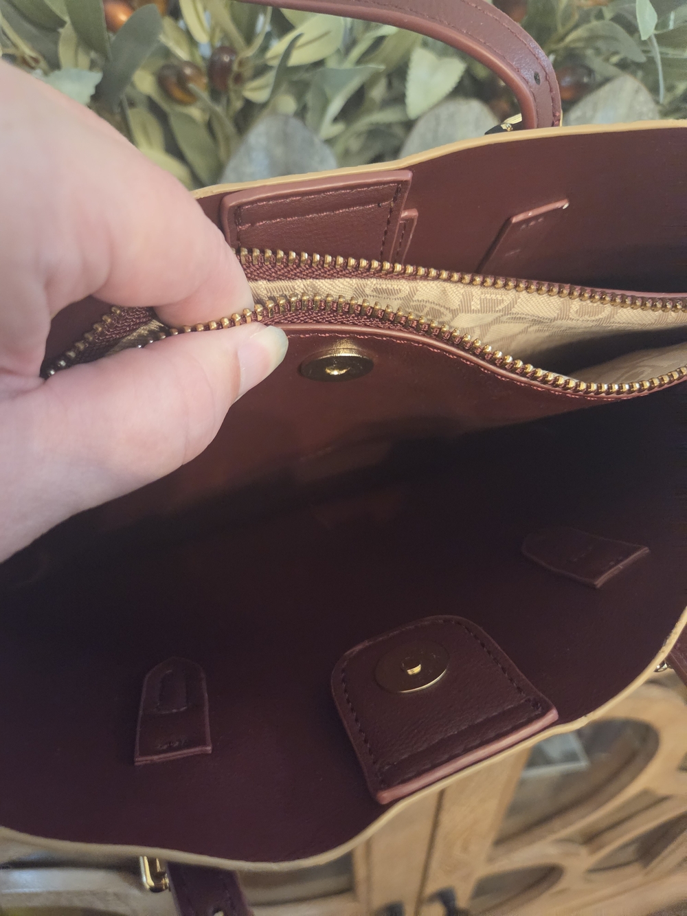 Aigner Brown Monogram Tote Bag with Burgundy Trim - Picture 7 of 7